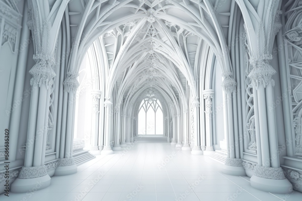 spacious white room with elegant columns and arches. Generative AI
