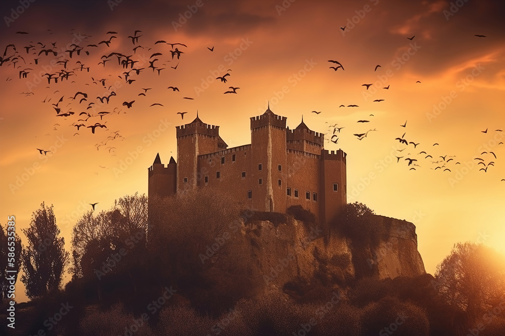 Obraz premium Surreal castle in sunset, cconcept Art, Generative AI