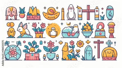 Immerse in a vivid 8K Easter illustration, showcasing bunnies, eggs, and festive elements. With flat colors, simplified shapes, and bold outlines. 