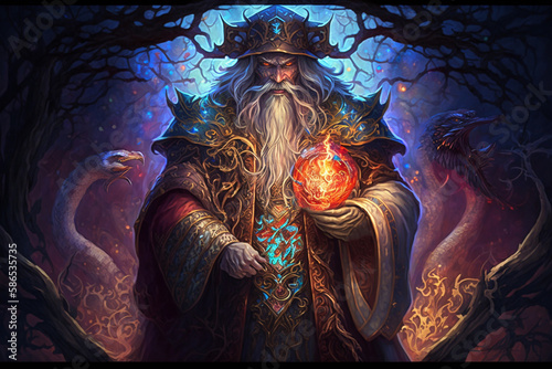 In a fantastical realm of dragons and knights, a powerful wizard stands in the midst of mystical ritual.wizard's robes and swirling magic around him. high fantasy, rich colors and ornate designs. Ai
