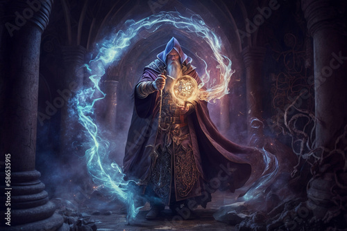 In a fantastical realm of dragons and knights, a powerful wizard stands in the midst of mystical ritual.wizard's robes and swirling magic around him. high fantasy, rich colors and ornate designs. Ai