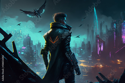 In futuristic cityscape, rebel leader stands atop building, surveying chaos below. cyberpunk with neon lights and advanced technology. dark and moody, with sense of danger and rebellion in the air. Ai