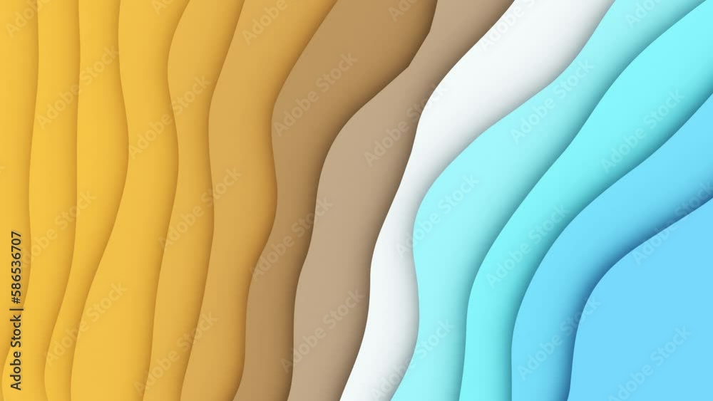 3d animation - Abstract background of sea waves on a beach animated in a loop with paper cutout style