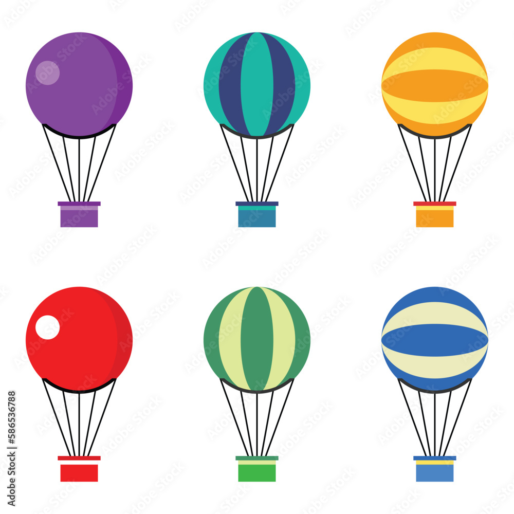 hot air balloon icon set, colorful flat design. vector illustration
