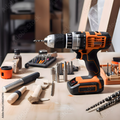 Mock-up of cordless drill on working table with tools. Woodworking tools. AI generative.