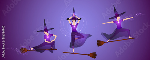 Halloween witches doing yoga postures. Slim young witches women in hatha yoga poses standing on brooms. Yogi hages in well balanced postures practicing witchcraft, making starlight magic, wearing hats