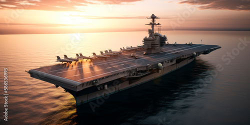 Photographie Aerial View of Majestic Aircraft Carrier Sailing Through High Seas at Sunset, Ge