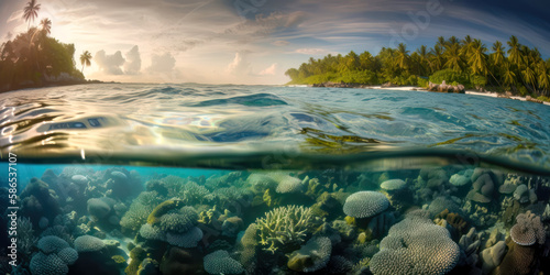 Karibik Insel aus Sicht eines Schnorchlers im Meer mit Riff und Korallen S  dsee Malediven Seychellen  Generative AI  Digital Art Kunst Hintergrund Wandbild Cover Magazin