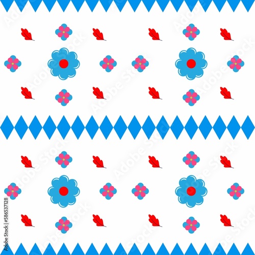 seamless pattern with blue flower and red leaves on white background for cloth pattern ,baby fabric, pillowcase,towel ,floor tiles,wallpaper ,curtain,tiles pattern, home decorating,art design