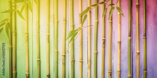 Bamboo Leaves On Pastel Colored Wooden Fence Background | Generative AI Artwork