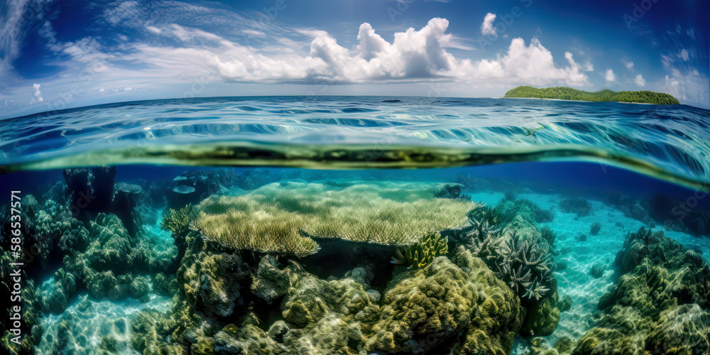 Fototapeta premium Karibik Insel aus Sicht eines Schnorchlers im Meer mit Riff und Korallen Südsee Malediven Seychellen (Generative AI) Digital Art Kunst Hintergrund Wandbild Cover Magazin