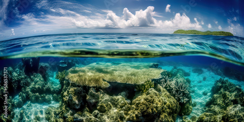 Karibik Insel aus Sicht eines Schnorchlers im Meer mit Riff und Korallen Südsee Malediven Seychellen (Generative AI) Digital Art Kunst Hintergrund Wandbild Cover Magazin © Korea Saii