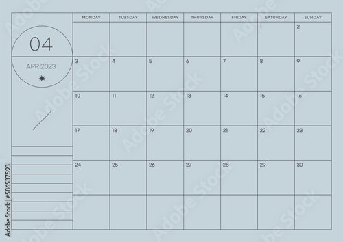 April 2023 simple design digital and printable calendar template illustration. Notes, scheduler, diary, calendar, memo, planner document template background. 