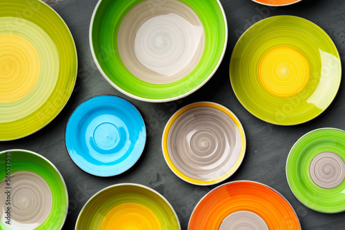 Color ceramic plates on gray background top view