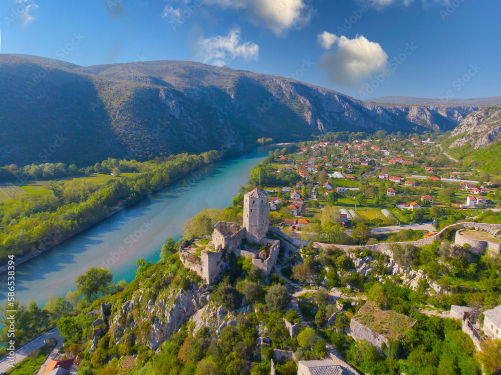 The Tower of the Kula Fort in the Historic Village of Pocitelj in Bosnia and Herzegovina, with the River Neretva