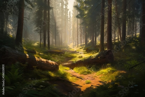 Green Summer Panorama: Forest Landscape with Trees, Nature Background and Sunshine