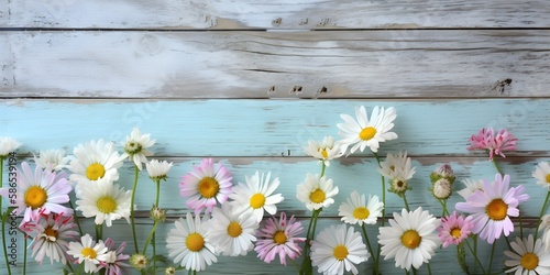 Daisy Flowers On Pastel Colored Wooden Panel Background   Generative AI Artwork © Larissa