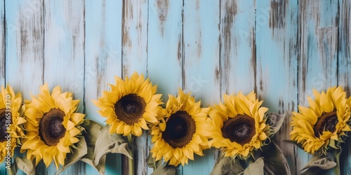 Sunflowers On Pastel Colored Wooden Panel Background   Generative AI Artwork