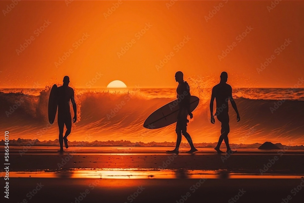 Silhouettes of surfers who walking with board at sunset. Generative AI