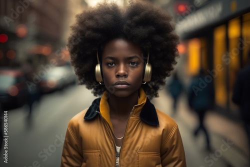 African girl with afro hair and wireless headphones listening to music. Generative AI