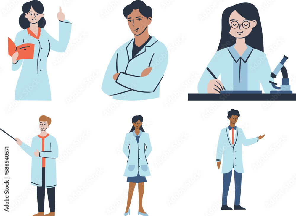Set of doctors in medical gowns and lab coats. Vector illustration Set of doctors in medical gowns and lab coats. Vector illustration