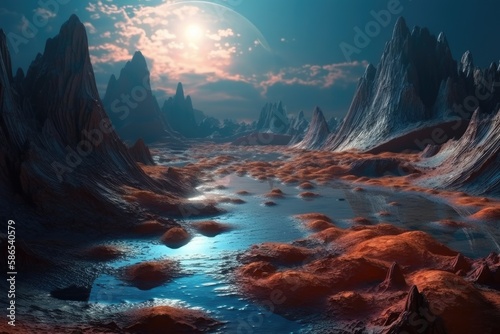an otherworldly landscape featuring a flowing river. Generative AI