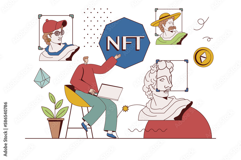 Crypto art with NFT concept with character situation in flat design. Man collects digital artworks and invests money by buying pictures on marketplace. Illustration with people scene for web