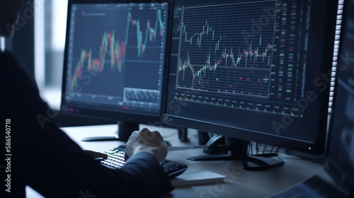 Economic collapse concept, businessman with falling financial graph chart due to global recession. Stock market crash, inflation, financial crisis. Generative AI.