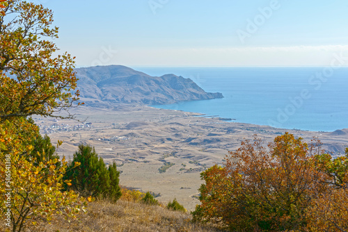 View from Ai-Georgiy mountain towards Meganom cape, Crimea, Russia. photo