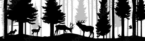 Black silhouette of wild forest woods animals deer and forest fir spruce trees camping adventure wildlife hunting landscape panorama illustration icon vector for logo  isolated on white background