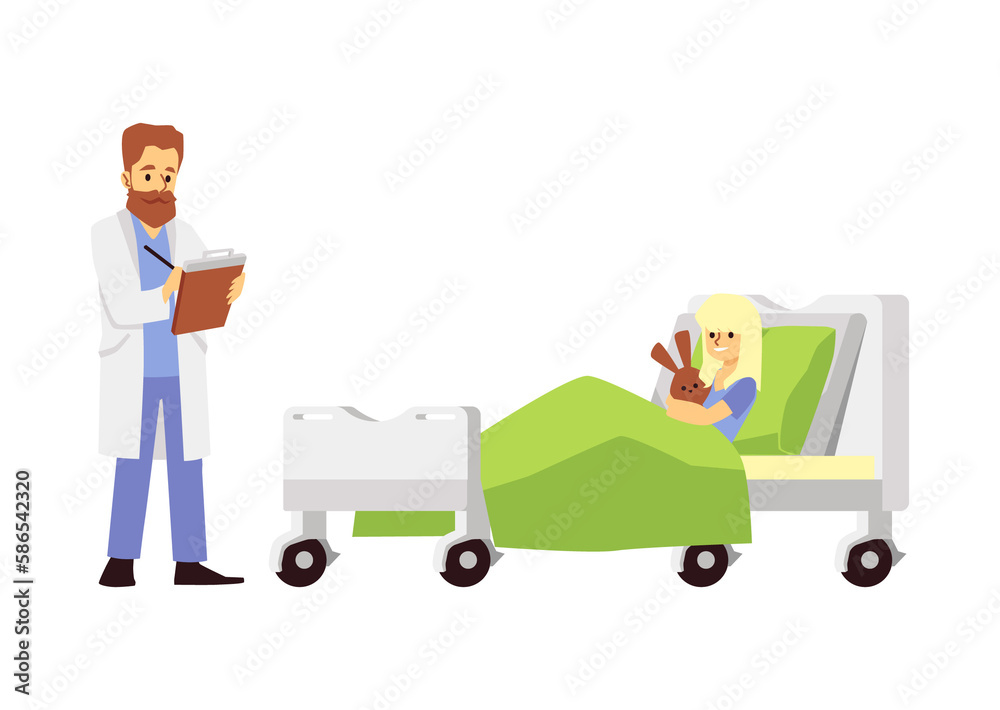 Child patient and doctor in hospital ward, flat illustration isolated. Child patient and doctor in hospital ward, flat illustration isolated.