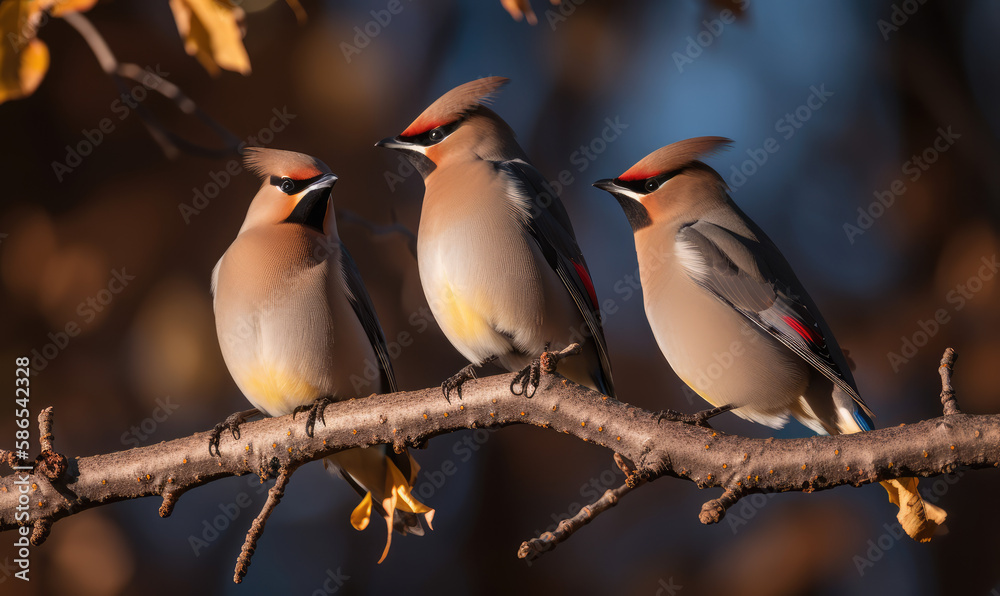 waxwings sitting in the tree. Generative AI image. waxwings sitting in the tree. Generative AI image.
