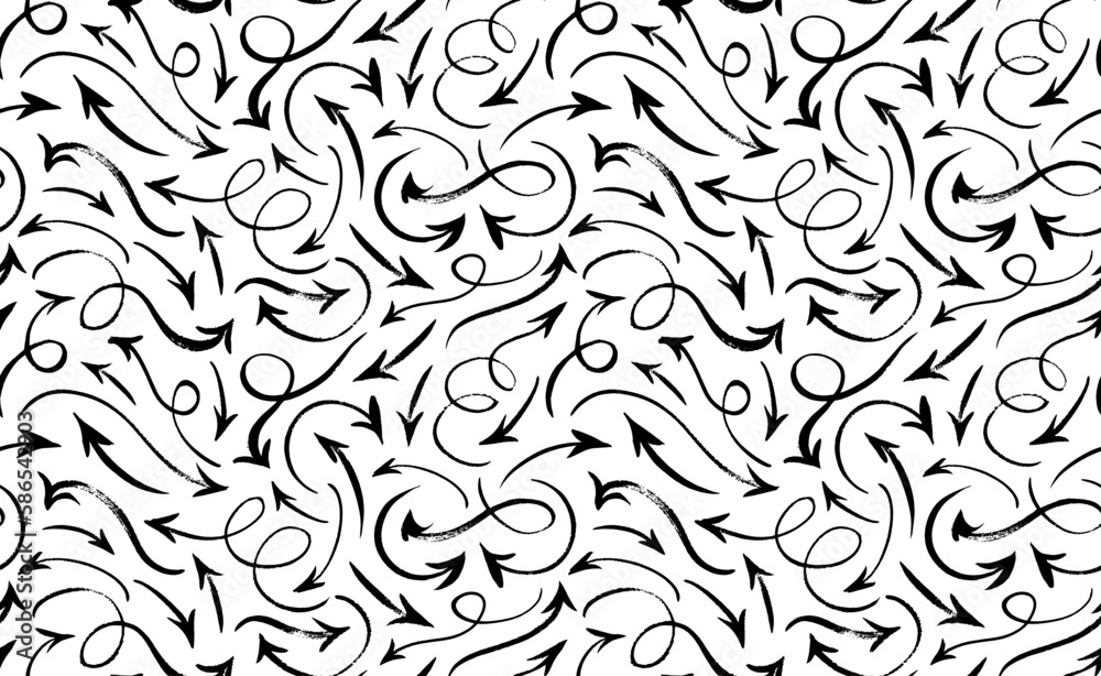 Hand drawn arrows seamless pattern. Vector black arrows collection. Sketchy design, doodle shapes in grunge style. Curved and swirl lines. Squiggly brush drawn strokes. Hand drawn arrows seamless pattern. Vector black arrows collection. Sketchy design, doodle shapes in grunge style. Curved and swirl lines. Squiggly brush drawn strokes.
