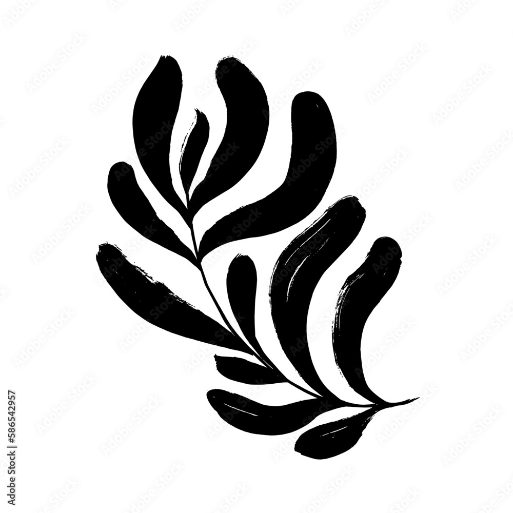 Abstract brush drawn frond or branch isolated on white background. Vector matisse style tropical branch. Naive hand drawn leaf black ink illustration. Contemporary organic plant shape. Abstract brush drawn frond or branch isolated on white background. Vector matisse style tropical branch. Naive hand drawn leaf black ink illustration. Contemporary organic plant shape.