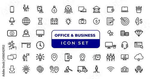  Office and Business thin line web icons. Outline icons collection. Business, Marketing, Banking, SEO, Teamwork and other symbols. Office management sumbols.