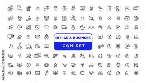 Office and Business thin line web icons. Outline icons collection. Business, Marketing, Banking, SEO, Teamwork and other symbols. Office management sumbols.