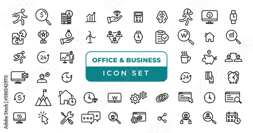  Office and Business thin line web icons. Outline icons collection. Business, Marketing, Banking, SEO, Teamwork and other symbols. Office management sumbols.