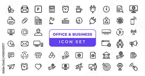  Office and Business thin line web icons. Outline icons collection. Business, Marketing, Banking, SEO, Teamwork and other symbols. Office management sumbols.