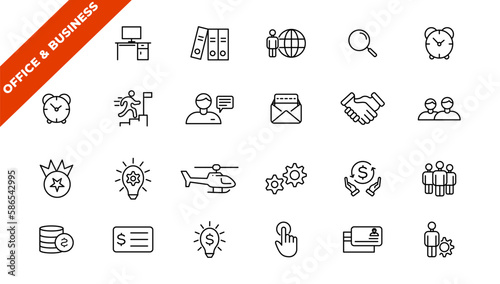    Office and Business thin line web icons. Outline icons collection. Business, Marketing, Banking, SEO, Teamwork and other symbols. Office management sumbols.
