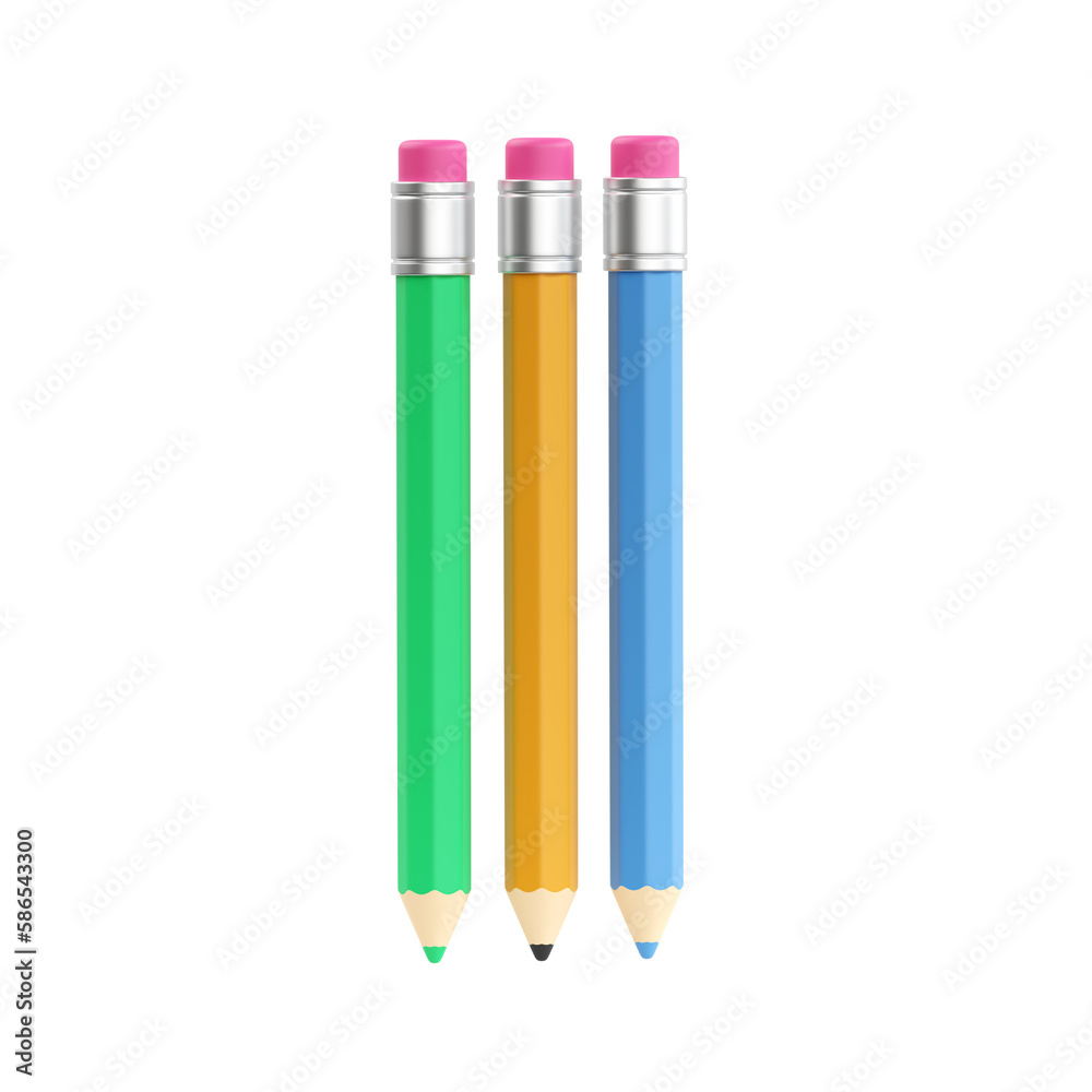 Pen 3d render set - school pencil, study write element and art education green symbol. Simple draw office object Pen 3d render set - school pencil, study write element and art education green symbol. Simple draw office object