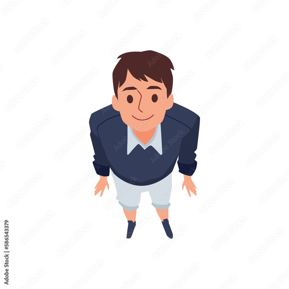 Top view of brunette man looking up, cartoon flat illustration isolated.