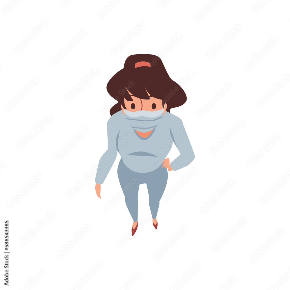 Woman in antiviral medical mask looking up, flat illustration isolated.