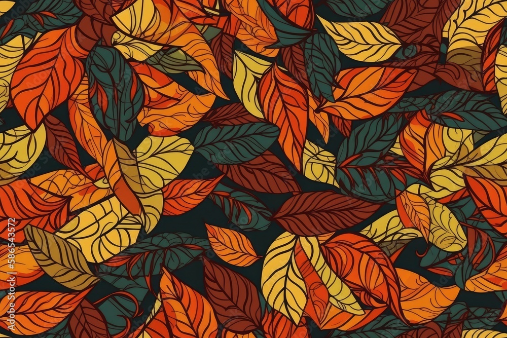 vibrant leaf pattern set against a dark black background. Generative AI