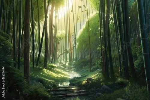 serene forest path painting with vibrant colors and natural scenery. Generative AI