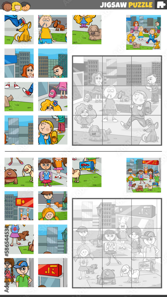 jigsaw puzzle game set with cartoon children in the city