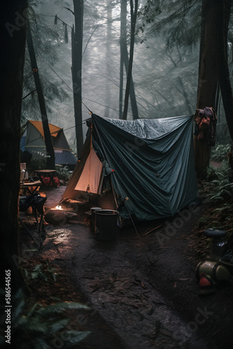 Wilderness Survival: Bushcraft Tent Under the Tarp in Heavy Rain, Embracing the Chill of Dawn - A Scene of Endurance and Resilience © aprilian
