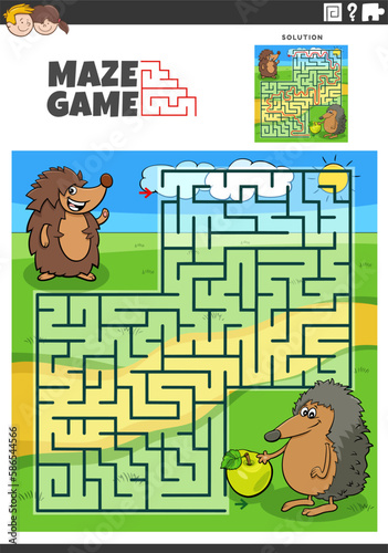 maze game with cartoon hedgehogs animal characters