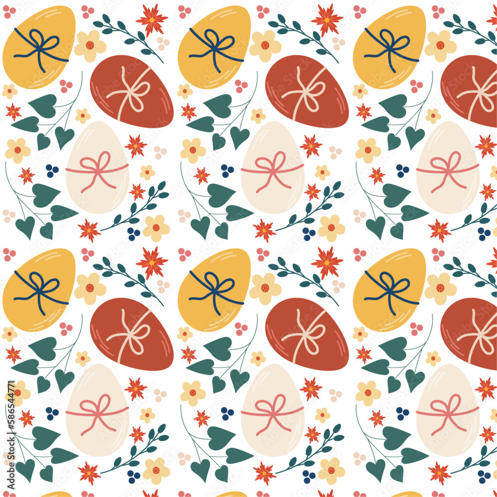 Easter pattern with twigs, eggs, and flowers. The pattern is great for posters, flyers, pockets, dishes, clothes, stickers, and decoration notebooks or packaging. Vector illustration.