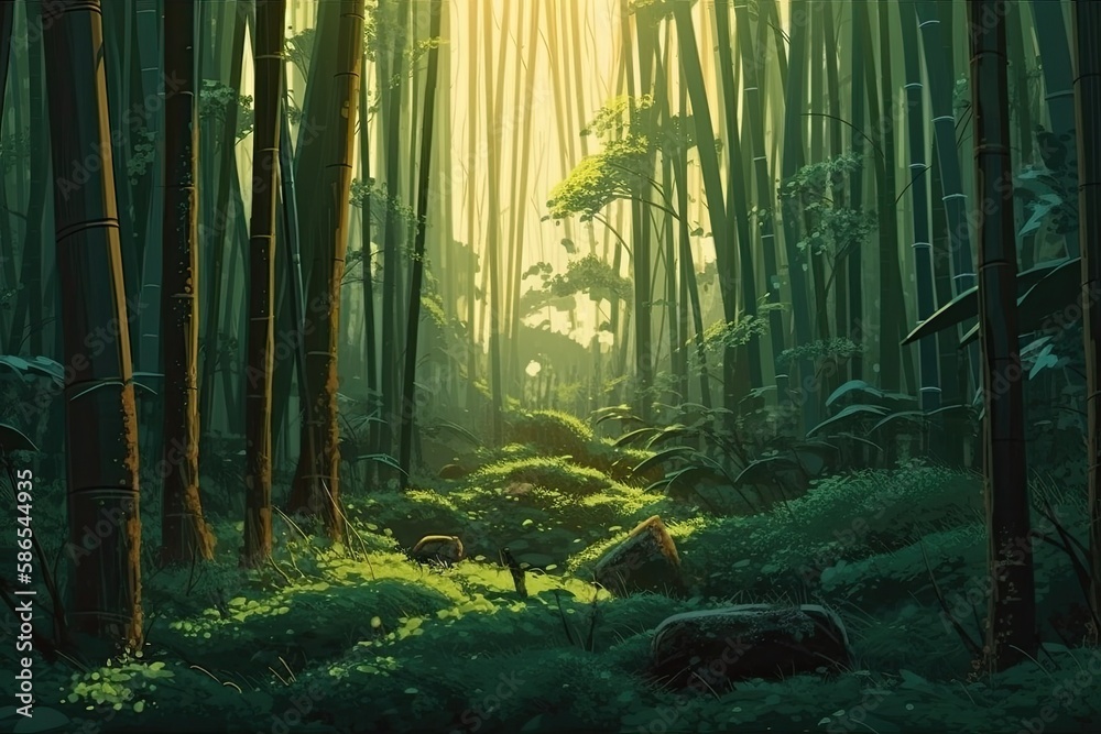 dense and vibrant forest landscape with trees of various shapes and sizes. Generative AI