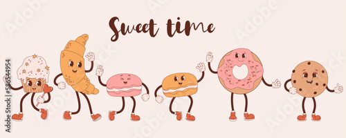 Retro collection characters confectionery. Groovy cute cartoon sweets croissant, cupcake, donut, chocolate chip cookies and macarons. Vector illustration. Isolated food desserts in nostalgic style.